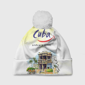 Шапка 3D c помпоном с принтом Куба в Белгороде, 100% полиэстер | универсальный размер, печать по всей поверхности изделия | cuba | карибы | куба | лето | пальмы | путешествия | солнце | туризм