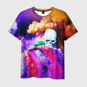 Мужская футболка 3D с принтом Череп в дыму в Белгороде, 100% полиэфир | прямой крой, круглый вырез горловины, длина до линии бедер | вода | дым | краски | огонь | скелеты | цветной | череп | шашки | яркий