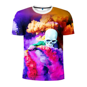 Мужская футболка 3D спортивная с принтом Череп в дыму в Белгороде, 100% полиэстер с улучшенными характеристиками | приталенный силуэт, круглая горловина, широкие плечи, сужается к линии бедра | вода | дым | краски | огонь | скелеты | цветной | череп | шашки | яркий