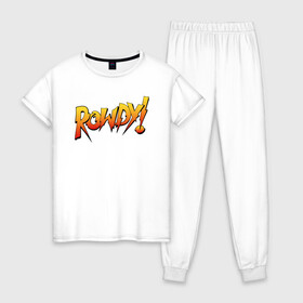 Женская пижама хлопок с принтом Rowdy в Белгороде, 100% хлопок | брюки и футболка прямого кроя, без карманов, на брюках мягкая резинка на поясе и по низу штанин | ronda rousey | rowdy | ронда роузи