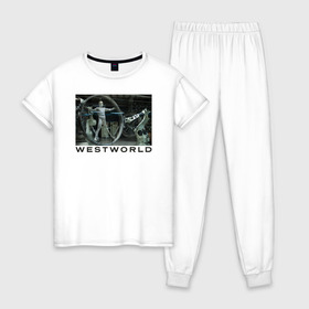 Женская пижама хлопок с принтом Westworld в Белгороде, 100% хлопок | брюки и футболка прямого кроя, без карманов, на брюках мягкая резинка на поясе и по низу штанин | host dron | vdosadir | westworld | андроид | джонатан нолан | западный мир | лиза джой | мир дикого запада | робот | хост