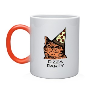 Кружка хамелеон с принтом PIZZA PARTY в Белгороде, керамика | меняет цвет при нагревании, емкость 330 мл | Тематика изображения на принте: party | pizza | pizza party | time | арт | веселье | время | для детей | животные | картинка | кот | котик | котики | пицца | пиццы | рисунок | рыжий кот
