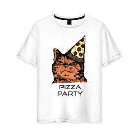 Женская футболка хлопок Oversize с принтом PIZZA PARTY в Белгороде, 100% хлопок | свободный крой, круглый ворот, спущенный рукав, длина до линии бедер
 | party | pizza | pizza party | time | арт | веселье | время | для детей | животные | картинка | кот | котик | котики | пицца | пиццы | рисунок | рыжий кот