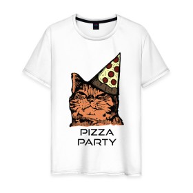 Мужская футболка хлопок с принтом PIZZA PARTY в Белгороде, 100% хлопок | прямой крой, круглый вырез горловины, длина до линии бедер, слегка спущенное плечо. | Тематика изображения на принте: party | pizza | pizza party | time | арт | веселье | время | для детей | животные | картинка | кот | котик | котики | пицца | пиццы | рисунок | рыжий кот