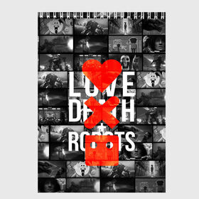 Скетчбук с принтом LOVE DEATH ROBOTS (LDR) в Белгороде, 100% бумага
 | 48 листов, плотность листов — 100 г/м2, плотность картонной обложки — 250 г/м2. Листы скреплены сверху удобной пружинной спиралью | Тематика изображения на принте: death | fantastic | future | ldr | love | love death and robots | love death robots | netflix | robots | sci fi | будущее | лдр | любовь | нетфликс | роботы | фантастика