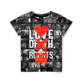 Детская футболка 3D с принтом LOVE DEATH ROBOTS (LDR) в Белгороде, 100% гипоаллергенный полиэфир | прямой крой, круглый вырез горловины, длина до линии бедер, чуть спущенное плечо, ткань немного тянется | death | fantastic | future | ldr | love | love death and robots | love death robots | netflix | robots | sci fi | будущее | лдр | любовь | нетфликс | роботы | фантастика