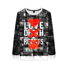 Женский свитшот 3D с принтом LOVE DEATH ROBOTS (LDR) в Белгороде, 100% полиэстер с мягким внутренним слоем | круглый вырез горловины, мягкая резинка на манжетах и поясе, свободная посадка по фигуре | death | fantastic | future | ldr | love | love death and robots | love death robots | netflix | robots | sci fi | будущее | лдр | любовь | нетфликс | роботы | фантастика
