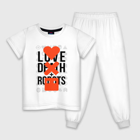 Детская пижама хлопок с принтом LOVE DEATH ROBOTS (LDR) в Белгороде, 100% хлопок |  брюки и футболка прямого кроя, без карманов, на брюках мягкая резинка на поясе и по низу штанин
 | Тематика изображения на принте: death | fantastic | future | ldr | love | love death and robots | love death robots | netflix | robots | sci fi | будущее | лдр | любовь | нетфликс | роботы | фантастика