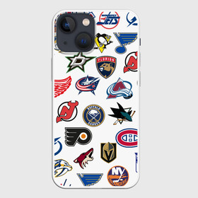 Чехол для iPhone 13 mini с принтом NHL PATTERN в Белгороде,  |  | Тематика изображения на принте: anaheim ducks | arizona coyotes | boston bruins | buffalo sabres | calgary flames | canadiens de montreal | carolina hurricanes | chicago blackhawks | colorado avalanche | columbus blue jackets | dallas stars | detroit red wings | edmonton oil | hockey | 