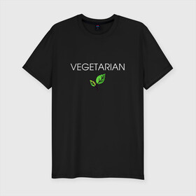 Мужская футболка хлопок Slim с принтом VEGETARIAN в Белгороде, 92% хлопок, 8% лайкра | приталенный силуэт, круглый вырез ворота, длина до линии бедра, короткий рукав | animals | love | vegan | vegeterian | веган | веганка | вегетарианец | вегетарианка | два | ем | животные | животных | лист | листа | листик | листика | листики | листы | люблю | мясо | не | сыроед | сыроедение