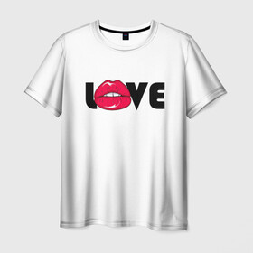Мужская футболка 3D с принтом love (W) в Белгороде, 100% полиэфир | прямой крой, круглый вырез горловины, длина до линии бедер | kiss | love | me | буквы | горошек | губы | девушке | женщине | лов | любим | люблю | любовь | меня | мне | мужчине | надпись | парню | подарок | поцелуй | рот | тебя | уже