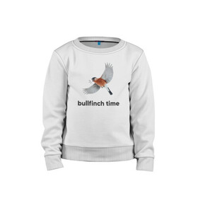 Детский свитшот хлопок с принтом Bullfinch time в Белгороде, 100% хлопок | круглый вырез горловины, эластичные манжеты, пояс и воротник | Тематика изображения на принте: bird | bullfinch | wings | летать | полет | птица | снегирь