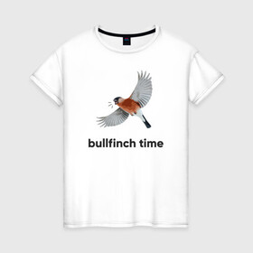 Женская футболка хлопок с принтом Bullfinch time в Белгороде, 100% хлопок | прямой крой, круглый вырез горловины, длина до линии бедер, слегка спущенное плечо | bird | bullfinch | wings | летать | полет | птица | снегирь
