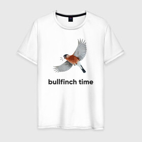 Мужская футболка хлопок с принтом Bullfinch time в Белгороде, 100% хлопок | прямой крой, круглый вырез горловины, длина до линии бедер, слегка спущенное плечо. | bird | bullfinch | wings | летать | полет | птица | снегирь