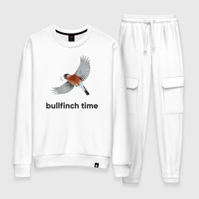 Женский костюм хлопок с принтом Bullfinch time в Белгороде, 100% хлопок | на свитшоте круглая горловина, мягкая резинка по низу. Брюки заужены к низу, на них два вида карманов: два 