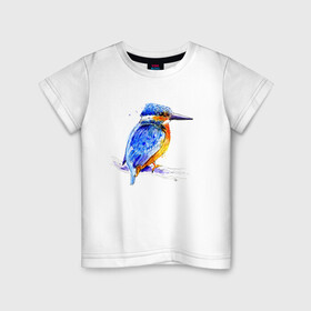 Детская футболка хлопок с принтом Kingfisher в Белгороде, 100% хлопок | круглый вырез горловины, полуприлегающий силуэт, длина до линии бедер | акварель | графика | зимородок | крутой | модный | принт | птица | птичка | рисунок | рыбак | рыболов | скетч | стильный | яркий
