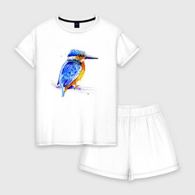 Женская пижама с шортиками хлопок с принтом Kingfisher в Белгороде, 100% хлопок | футболка прямого кроя, шорты свободные с широкой мягкой резинкой | акварель | графика | зимородок | крутой | модный | принт | птица | птичка | рисунок | рыбак | рыболов | скетч | стильный | яркий