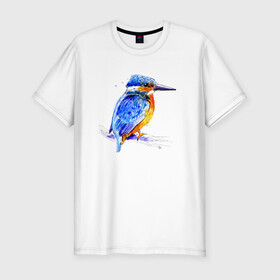 Мужская футболка хлопок Slim с принтом Kingfisher в Белгороде, 92% хлопок, 8% лайкра | приталенный силуэт, круглый вырез ворота, длина до линии бедра, короткий рукав | акварель | графика | зимородок | крутой | модный | принт | птица | птичка | рисунок | рыбак | рыболов | скетч | стильный | яркий