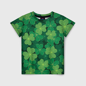 Детская футболка 3D с принтом Ирландский клевер в Белгороде, 100% гипоаллергенный полиэфир | прямой крой, круглый вырез горловины, длина до линии бедер, чуть спущенное плечо, ткань немного тянется | clover | day | ireland.lucky | irish | patrick | patricks | shamrock | день | зеленая | зеленый | ирландский | клевер | купить | патрик | патрика | святого | святой