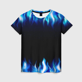 Женская футболка 3D с принтом Синий Огонь в Белгороде, 100% полиэфир ( синтетическое хлопкоподобное полотно) | прямой крой, круглый вырез горловины, длина до линии бедер | абстракция | блеск | волны | дракон | дым | крутой | линии | неон | неоновый | ночь | огненный | огни | огонь | пламя | свет | синий | сияние | яркий