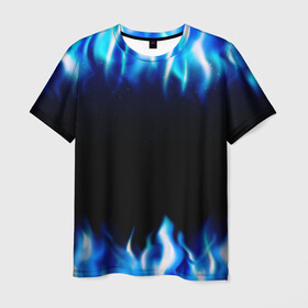 Мужская футболка 3D с принтом Синий Огонь в Белгороде, 100% полиэфир | прямой крой, круглый вырез горловины, длина до линии бедер | абстракция | блеск | волны | дракон | дым | крутой | линии | неон | неоновый | ночь | огненный | огни | огонь | пламя | свет | синий | сияние | яркий