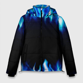 Мужская зимняя куртка 3D с принтом Синий Огонь в Белгороде, верх — 100% полиэстер; подкладка — 100% полиэстер; утеплитель — 100% полиэстер | длина ниже бедра, свободный силуэт Оверсайз. Есть воротник-стойка, отстегивающийся капюшон и ветрозащитная планка. 

Боковые карманы с листочкой на кнопках и внутренний карман на молнии. | Тематика изображения на принте: абстракция | блеск | волны | дракон | дым | крутой | линии | неон | неоновый | ночь | огненный | огни | огонь | пламя | свет | синий | сияние | яркий