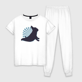 Женская пижама хлопок с принтом Йога в Белгороде, 100% хлопок | брюки и футболка прямого кроя, без карманов, на брюках мягкая резинка на поясе и по низу штанин | bulldog | fitness | french bulldog | yoga | бульдог | йога | собака | собаки | фитнес | французский бульдог