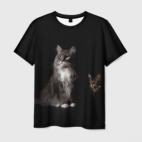 Мужская футболка 3D с принтом Котики в Белгороде, 100% полиэфир | прямой крой, круглый вырез горловины, длина до линии бедер | animal | animals | beast | black | cat | kitten | животное | животные | зверек | зверь | кот | котейка | котенок | котики | котэ | кошка | кошки | мейн кун | черная