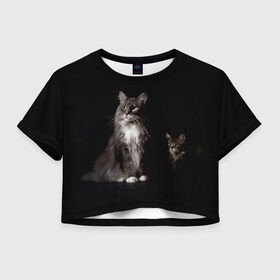 Женская футболка Crop-top 3D с принтом Котики в Белгороде, 100% полиэстер | круглая горловина, длина футболки до линии талии, рукава с отворотами | animal | animals | beast | black | cat | kitten | животное | животные | зверек | зверь | кот | котейка | котенок | котики | котэ | кошка | кошки | мейн кун | черная