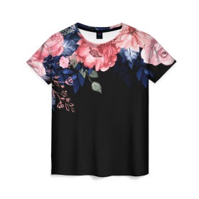 Женская футболка 3D с принтом цветы на черном в Белгороде, 100% полиэфир ( синтетическое хлопкоподобное полотно) | прямой крой, круглый вырез горловины, длина до линии бедер | 3d | big picture | красиво | прикольные картинки | цветы