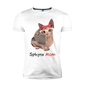 Мужская футболка хлопок Slim с принтом Мама сфинкса в Белгороде, 92% хлопок, 8% лайкра | приталенный силуэт, круглый вырез ворота, длина до линии бедра, короткий рукав | кот | кошка | очки | сфинкс