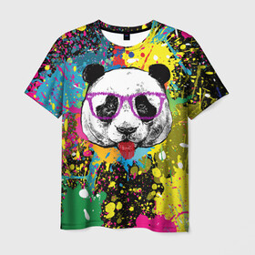 Мужская футболка 3D с принтом Панда хипстер в брызгах краски в Белгороде, 100% полиэфир | прямой крой, круглый вырез горловины, длина до линии бедер | hipster | panda | брызги | в очках | краска | краски | красок | крутая | милая | модная | очки | панда | показывает язык | пятна | хипстер | экспрессионизм | язык | яркая | яркие