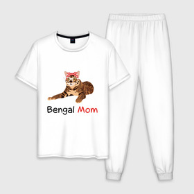 Мужская пижама хлопок с принтом Мама бенгальского кота в Белгороде, 100% хлопок | брюки и футболка прямого кроя, без карманов, на брюках мягкая резинка на поясе и по низу штанин
 | бенгал | бенгальский кот | кот | кошка | мама