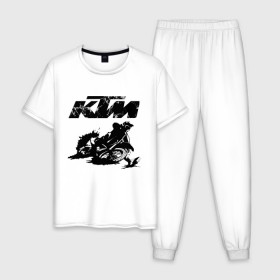 Мужская пижама хлопок с принтом KTM в Белгороде, 100% хлопок | брюки и футболка прямого кроя, без карманов, на брюках мягкая резинка на поясе и по низу штанин
 | Тематика изображения на принте: enduro | ktm | moto | motocycle | sportmotorcycle | ктм | мото | мотоспорт