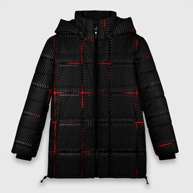 Женская зимняя куртка 3D с принтом 3D Плиты Red & Black в Белгороде, верх — 100% полиэстер; подкладка — 100% полиэстер; утеплитель — 100% полиэстер | длина ниже бедра, силуэт Оверсайз. Есть воротник-стойка, отстегивающийся капюшон и ветрозащитная планка. 

Боковые карманы с листочкой на кнопках и внутренний карман на молнии | Тематика изображения на принте: 3d | 3д | 3д полосы | led | led подсветка | красночерный | красный | полосы | свет | свечение | текстуры | черно красный | черный
