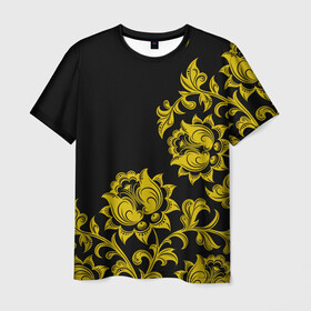 Мужская футболка 3D с принтом Золотая хохлома в Белгороде, 100% полиэфир | прямой крой, круглый вырез горловины, длина до линии бедер | бесконечный | бесшовный | жёлтый | завиток | золото | линия | лист | орнамент | повторение | позолоченный | природа | растение | роспись | русский | узор | цветок | чёрный | элемент