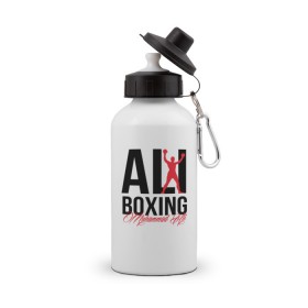 Бутылка спортивная с принтом Muhammad Ali в Белгороде, металл | емкость — 500 мл, в комплекте две пластиковые крышки и карабин для крепления | Тематика изображения на принте: ali | boxer | boxing | muhammad | али | бокс | боксер | мухаммед