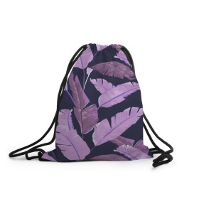 Рюкзак-мешок 3D с принтом Tropical leaves 4 purple в Белгороде, 100% полиэстер | плотность ткани — 200 г/м2, размер — 35 х 45 см; лямки — толстые шнурки, застежка на шнуровке, без карманов и подкладки | leaves | palms. тропические | tropical | листья | пальмы