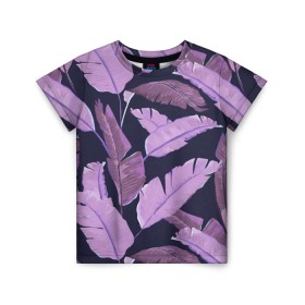Детская футболка 3D с принтом Tropical leaves 4 purple в Белгороде, 100% гипоаллергенный полиэфир | прямой крой, круглый вырез горловины, длина до линии бедер, чуть спущенное плечо, ткань немного тянется | leaves | palms. тропические | tropical | листья | пальмы