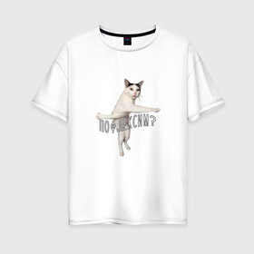Женская футболка хлопок Oversize с принтом Пофлексим? в Белгороде, 100% хлопок | свободный крой, круглый ворот, спущенный рукав, длина до линии бедер
 | cat | flex | mem | кот | мем | молодежь | прикольная надпись | прикольный кот | сленг | смешной кот | флекс | юмор