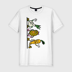 Мужская футболка хлопок Slim с принтом овощи в Белгороде, 92% хлопок, 8% лайкра | приталенный силуэт, круглый вырез ворота, длина до линии бедра, короткий рукав | еда | картошка | корнеплоды | морковь | мультфильм | овощи | прикольные картинки | чеснок