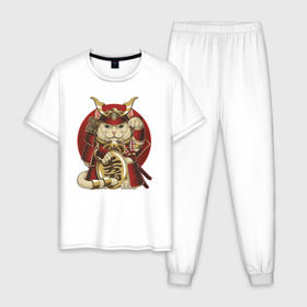 Мужская пижама хлопок с принтом Кот Самурай в Белгороде, 100% хлопок | брюки и футболка прямого кроя, без карманов, на брюках мягкая резинка на поясе и по низу штанин
 | cat | japan | ronin | samurai | воин | кот | котик | котэ | няшка | ронин | рыцарь | самурай | шлем | япония
