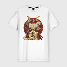 Мужская футболка хлопок Slim с принтом Кот Самурай в Белгороде, 92% хлопок, 8% лайкра | приталенный силуэт, круглый вырез ворота, длина до линии бедра, короткий рукав | cat | japan | ronin | samurai | воин | кот | котик | котэ | няшка | ронин | рыцарь | самурай | шлем | япония