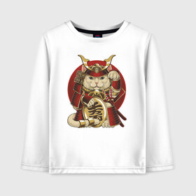 Детский лонгслив хлопок с принтом Кот Самурай в Белгороде, 100% хлопок | круглый вырез горловины, полуприлегающий силуэт, длина до линии бедер | cat | japan | ronin | samurai | воин | кот | котик | котэ | няшка | ронин | рыцарь | самурай | шлем | япония