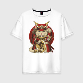 Женская футболка хлопок Oversize с принтом Кот Самурай в Белгороде, 100% хлопок | свободный крой, круглый ворот, спущенный рукав, длина до линии бедер
 | cat | japan | ronin | samurai | воин | кот | котик | котэ | няшка | ронин | рыцарь | самурай | шлем | япония