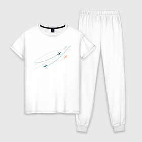 Женская пижама хлопок с принтом Flight track в Белгороде, 100% хлопок | брюки и футболка прямого кроя, без карманов, на брюках мягкая резинка на поясе и по низу штанин | авиация | пилот | самолет | стюардесса