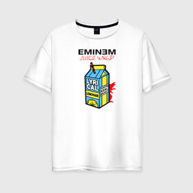 Женская футболка хлопок Oversize с принтом Eminem Juice WRLD Godzilla в Белгороде, 100% хлопок | свободный крой, круглый ворот, спущенный рукав, длина до линии бедер
 | 100 сок | eminem | godzilla | juice | juice wrld | logo | music | rap | альбом | годзилла | джус | джюс | лейбл | лирика | лирический | лого | логотип | рэп | сок | трубочка | эминем