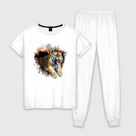 Женская пижама хлопок с принтом Тигр в Белгороде, 100% хлопок | брюки и футболка прямого кроя, без карманов, на брюках мягкая резинка на поясе и по низу штанин | Тематика изображения на принте: animal | tiger | арт | животное | полосатый | рисунок | тигр | хищная кошка | хищник