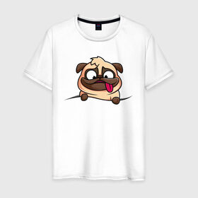 Мужская футболка хлопок с принтом Мопс в Белгороде, 100% хлопок | прямой крой, круглый вырез горловины, длина до линии бедер, слегка спущенное плечо. | pug | милые создания | мопс | пес | рисунок | собака | собачка | щенок | щенок мопс