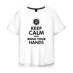 Мужская футболка хлопок Oversize с принтом Keep calm and wash your hands в Белгороде, 100% хлопок | свободный крой, круглый ворот, “спинка” длиннее передней части | Тематика изображения на принте: 2019   ncov | coronavirus | covid | covid 19 | ncov | virus | арт | биологическая опасность | болезнь | вирус | знак | карантин | корона | коронавирус | короновирус | мем | мой руки | оставайся дома | пандемия | помой руки